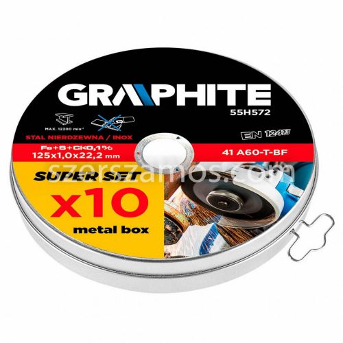 GRAPHITE 10db-os vágókorong készlet fémekhez 125 x 1.0 x 22.2mm, 41 A60-T-BF, INOX 55H572