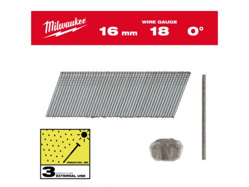 MILWAUKEE Finiselő szegek, fejnélküli, inox, 18G 0° SC3 - 1,05 x 1,25 x 16 mm (10000 db/cs)