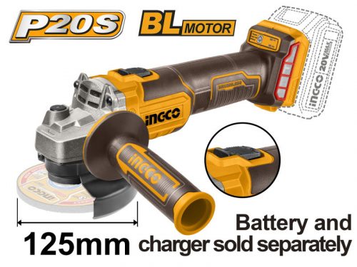 INGCO Akkus sarokcsiszoló 125 mm szénkefe nélküli 20 V (akku és töltő nélkül)