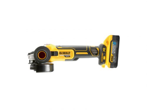 DEWALT Akkus sarokcsiszoló 125 mm 18 V szénkefe nélküli 125 mm (2 x 5,0 Ah akku + töltő + TSTAK) 