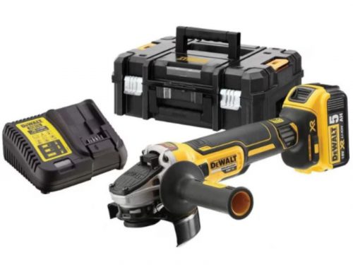 DEWALT Akkus sarokcsiszoló 125 mm 18 V szénkefe nélküli (1 x 5,0 Ah akku + töltő + TSTAK)